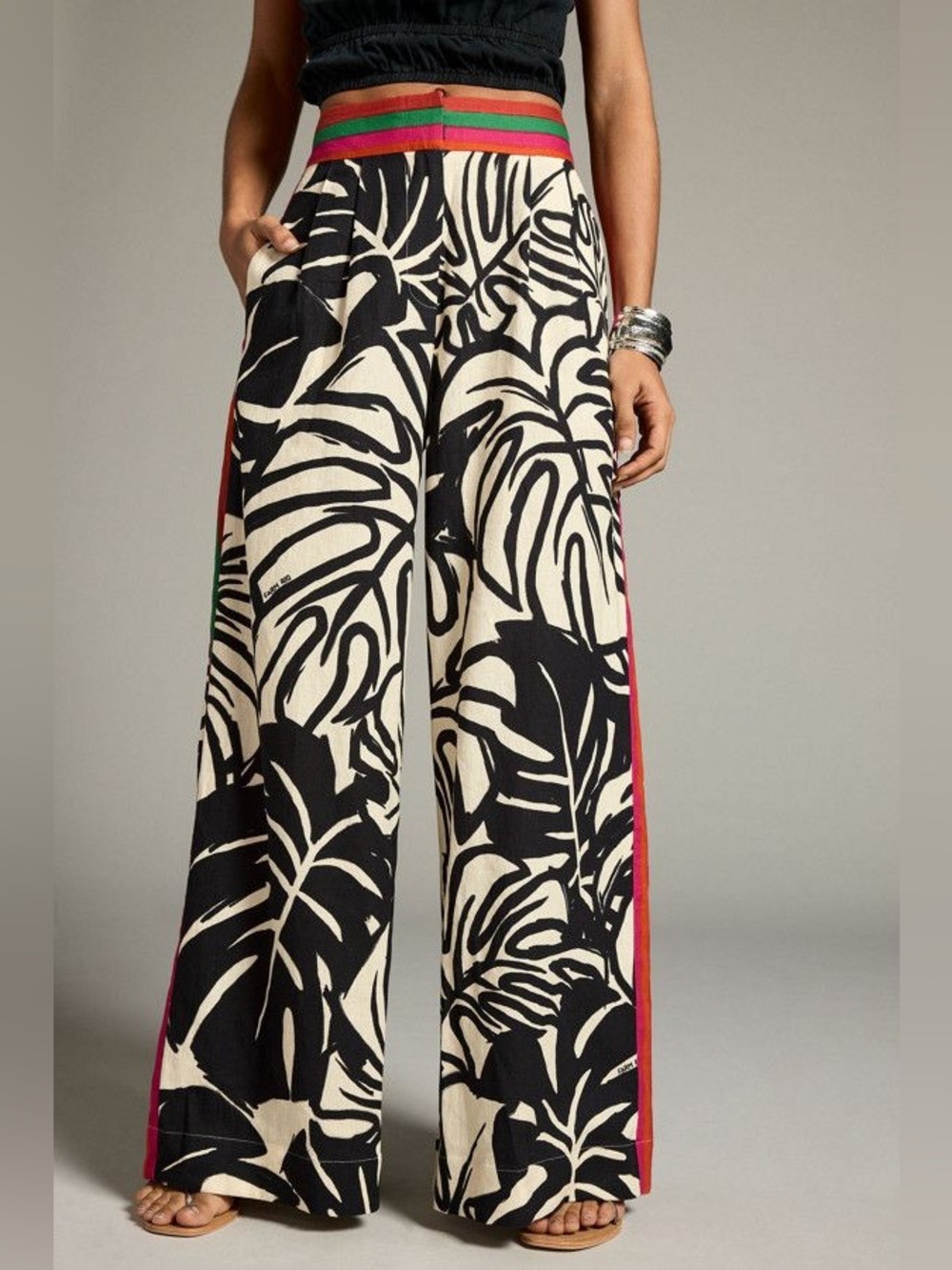 Anthropologie Black & Cream Tropical-Print Wide Leg Pants with Striped Waistband